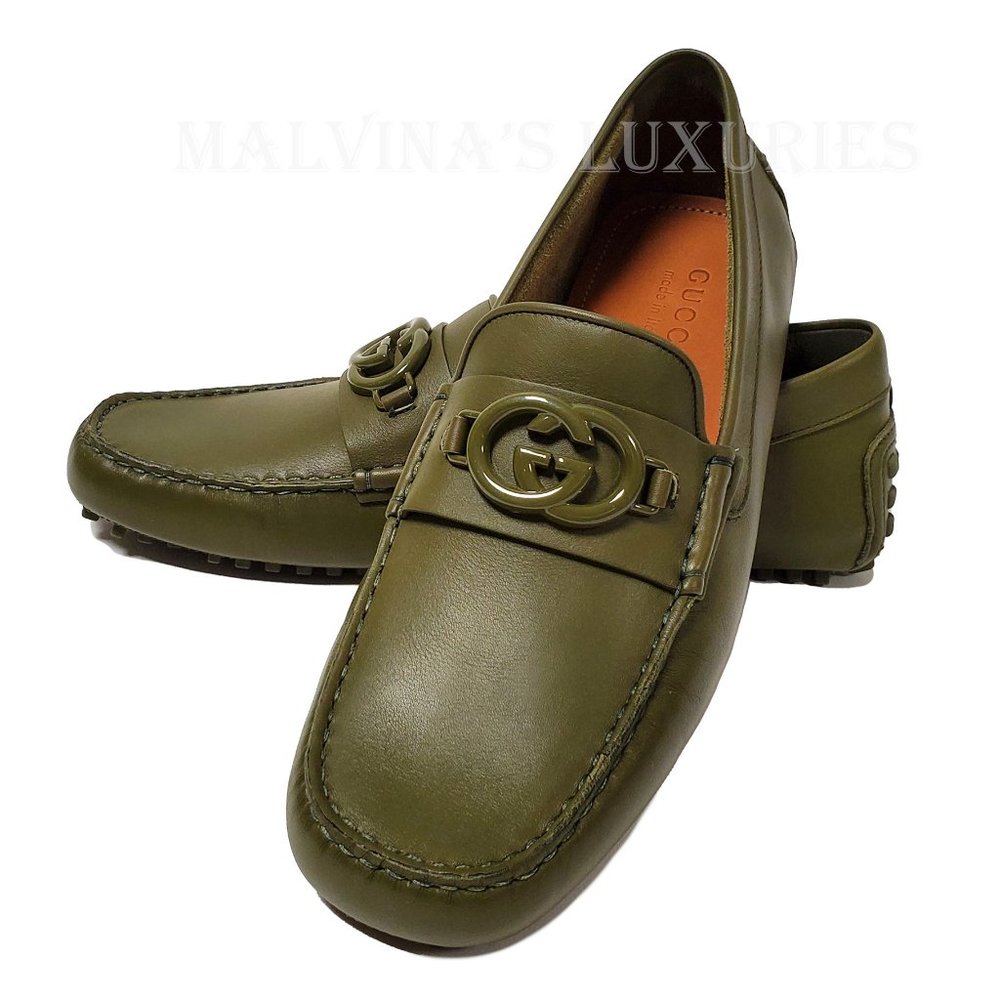 GUCCI SHOES MENS LOAFERS MOCCASINS G LOGO GREEN LEATHER sz 9G 9.5 - Picture 4 of 15